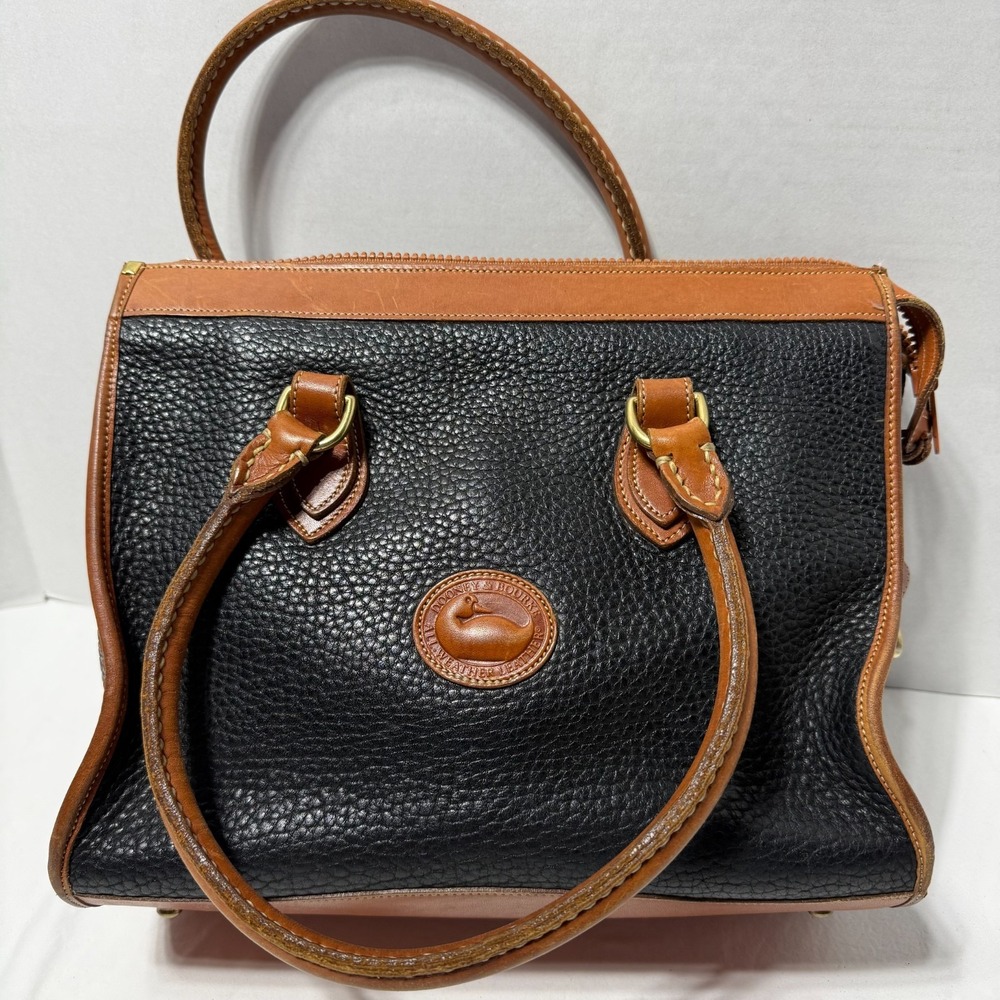 Vintage Dooney & Bourke Black Tan Pebbled All Weather Leather Satchel Bag USA